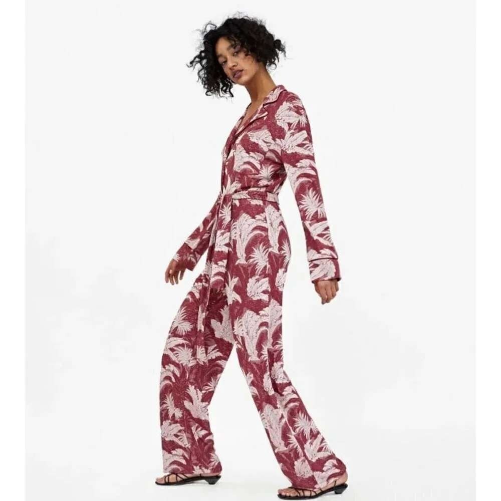 Zara Womens Jumpsuit S Red jacquard Vacation Belted Long Sleeve Wide Leg Chic